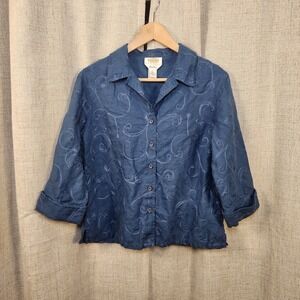 Talbots Petites Irish Linen Embroidered Button Down Shirt 3/4 Sleeve Blue Size S